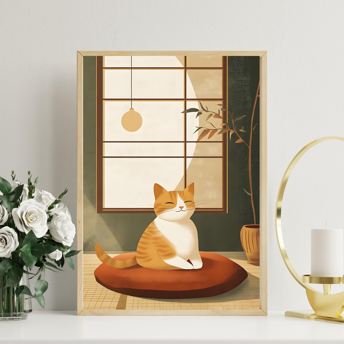Peaceful Orange Cat Meditating on a Red Cushion Beneath the Moon Poster - Image 2