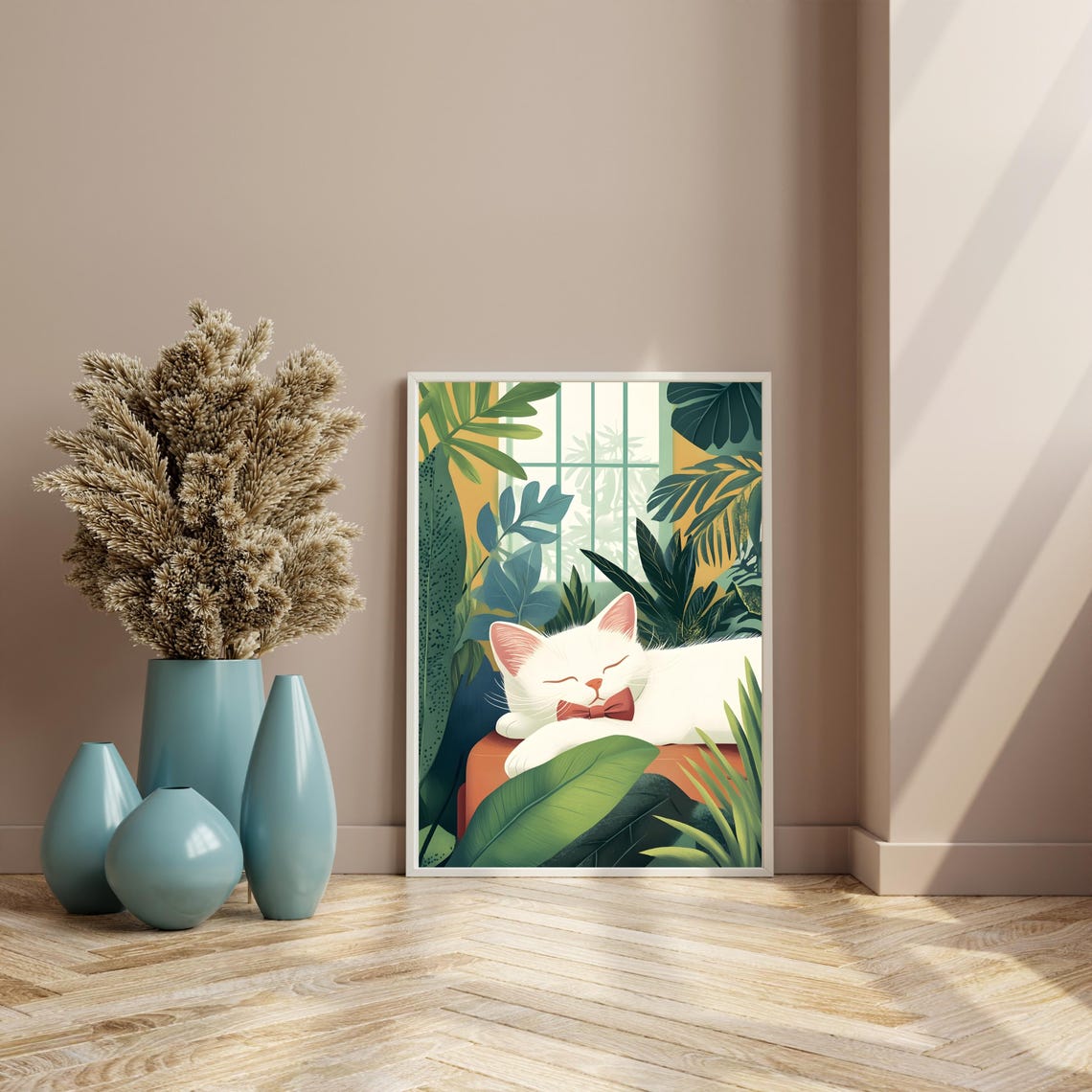White Cat With Red Bow Tie Sleeping Among Tropical Plants Poster - Image 6
