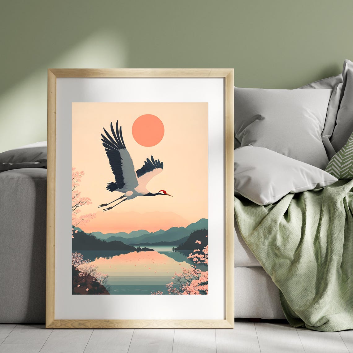 Japanese Crane Flying Over a Lake Lined With Cherry Blossoms Poster - Image 4