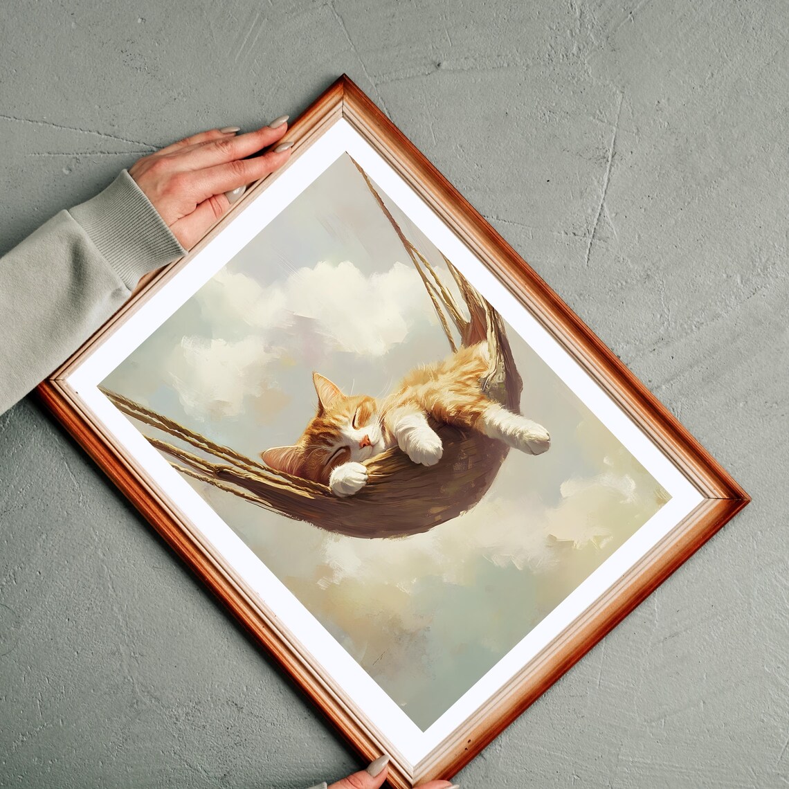 Fluffy Orange Cat Napping Peacefully in a Rope Hammock Among Soft Clouds Poster - Image 5