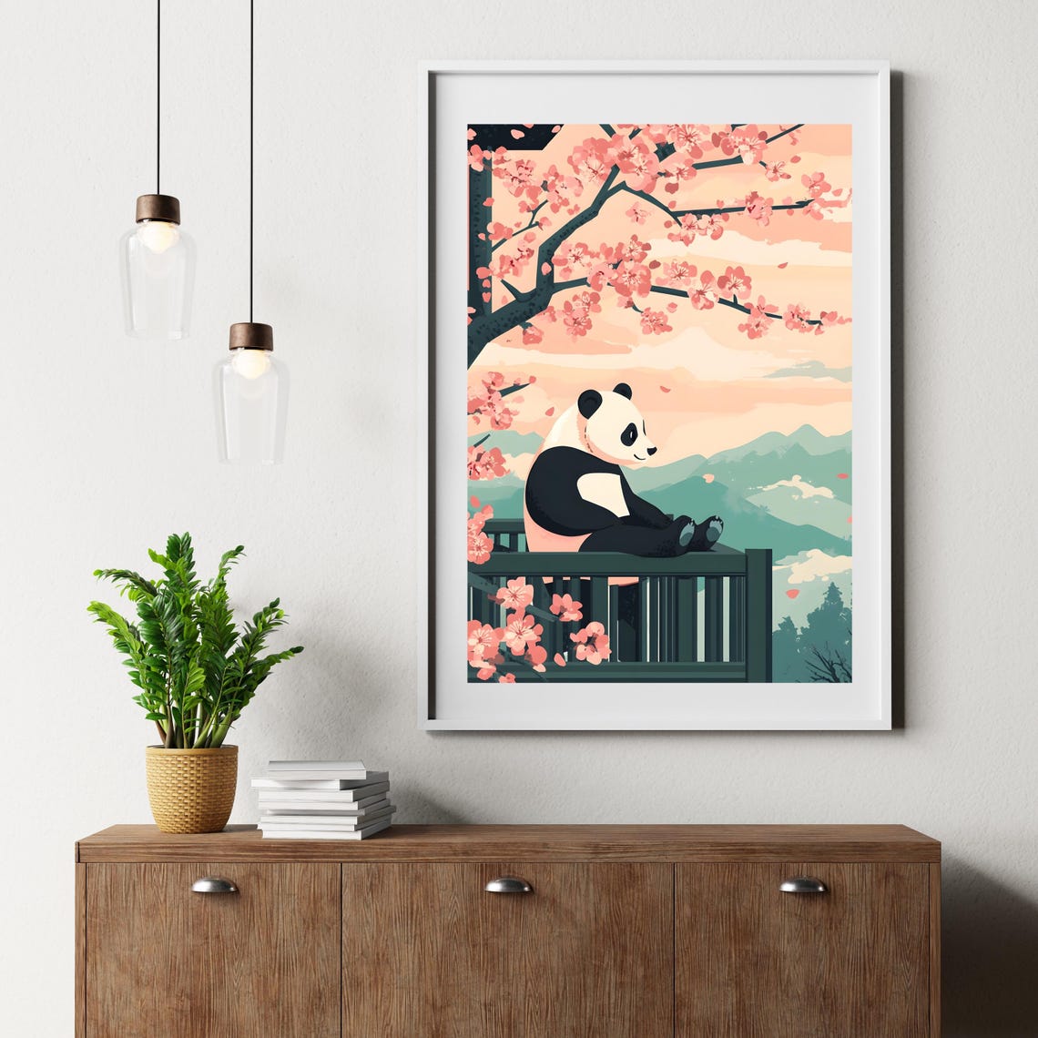 Panda Resting Under Cherry Blossoms At Mountain Sunset Poster - Image 6