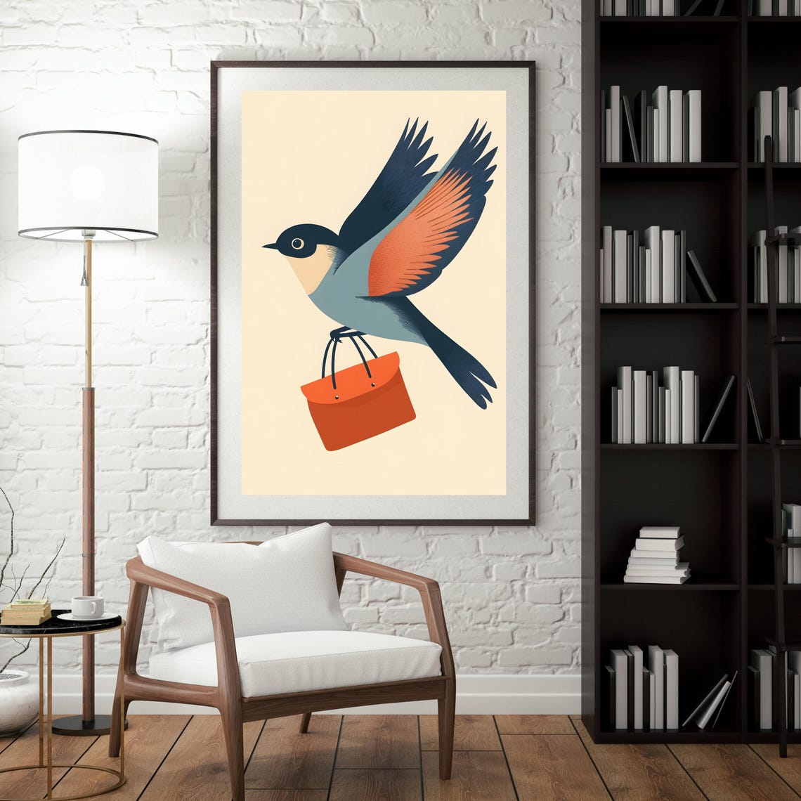 Stylized Bird in Flight Carrying an Orange Leather Satchel Poster - Image 2
