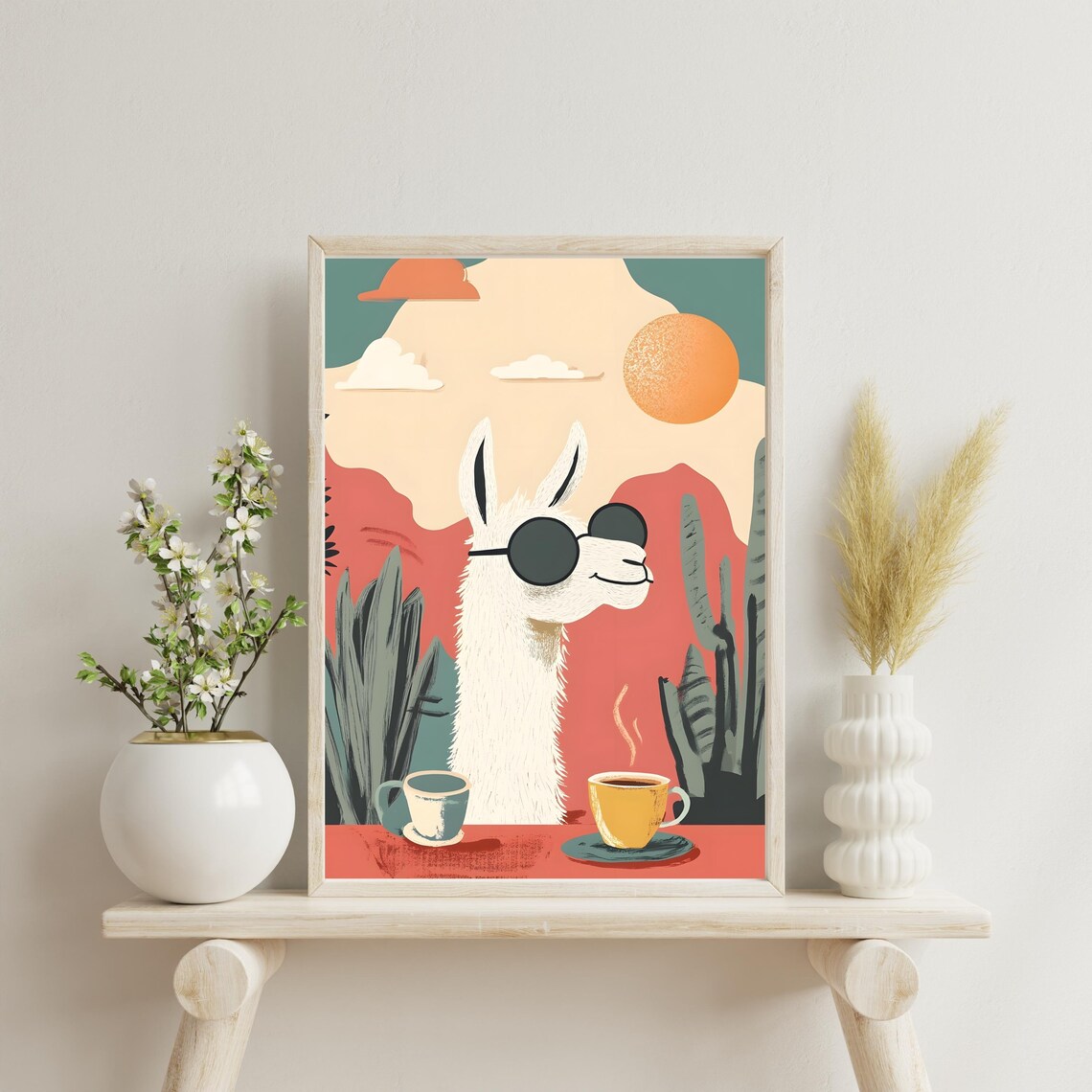 Cool Llama in Sunglasses with Two Coffee Cups on a Desert Poster - Image 4