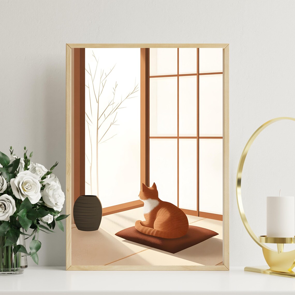 Quiet Orange Cat Sitting on a Cushion Before a Tall Shoji Screen Poster - Image 2