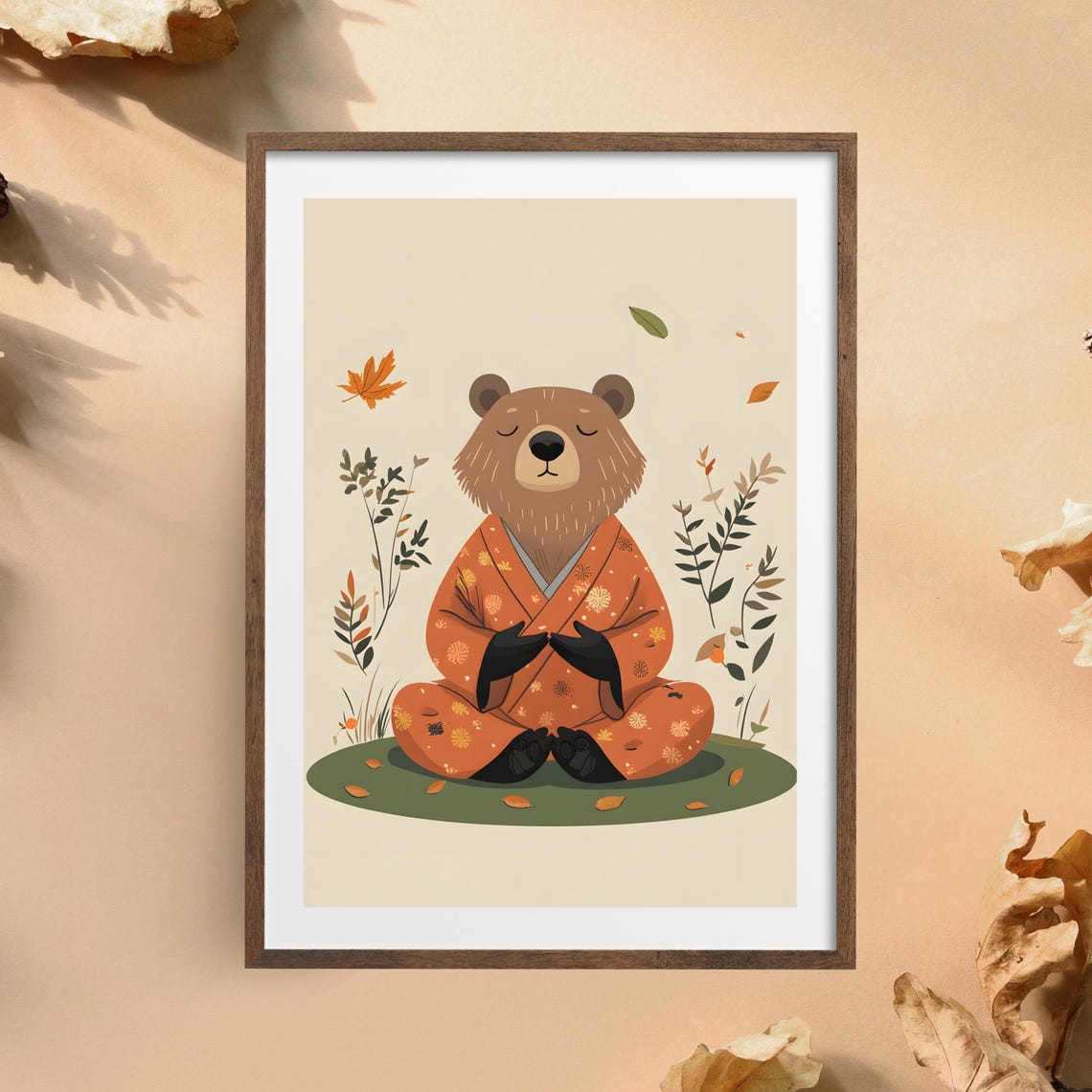 Meditating Bear in an Orange Kimono among Falling Autumn Leaves Poster - Image 5