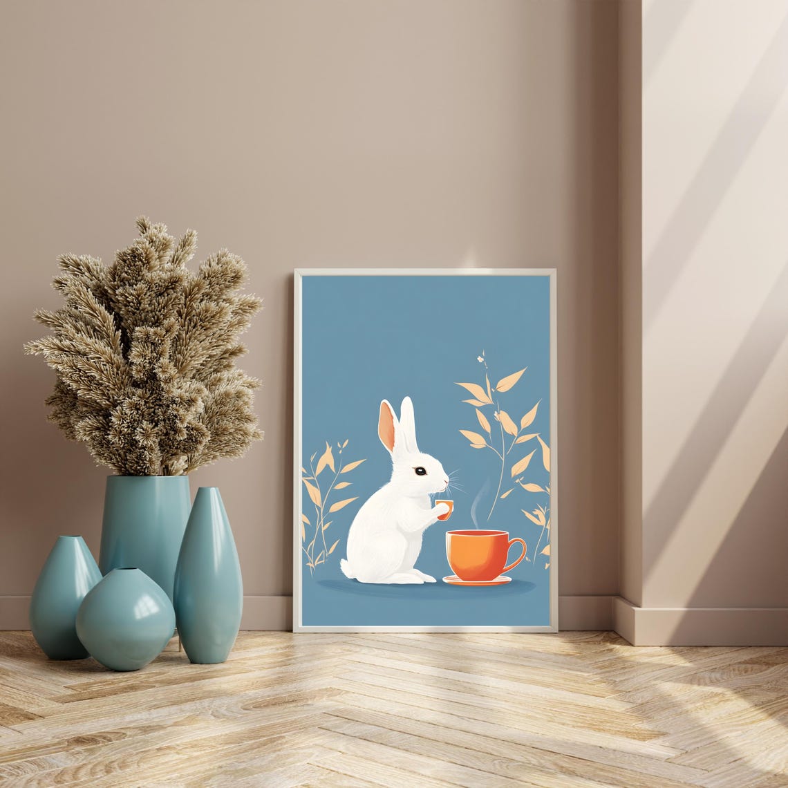 Adorable White Bunny Drinking Tea on a Dusty Blue Botanical Poster - Image 8