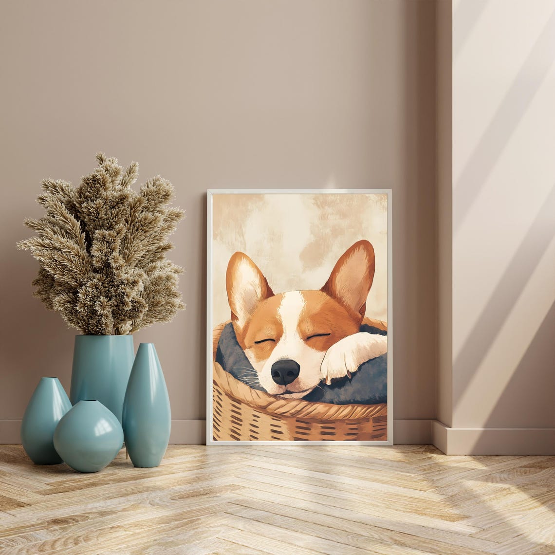 Sleeping Corgi Puppy Curled in Wicker Basket Cozy Dog Nursery Poster - Image 8