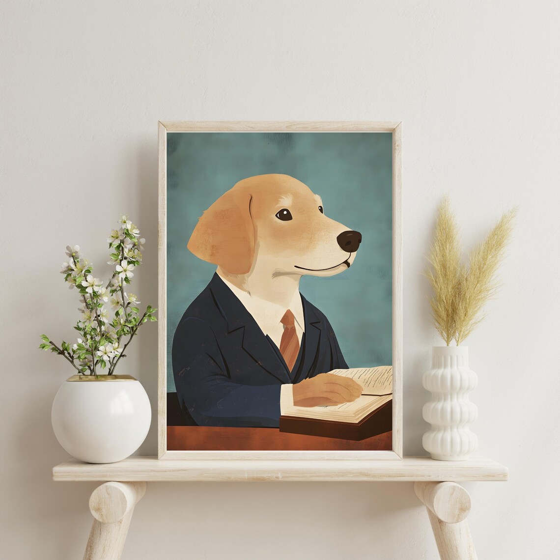 Golden Retriever In A Business Suit Reading At His Desk Poster - Image 3