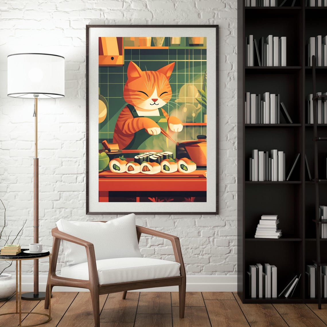 Ginger Cat Sushi Chef Rolling Sushi In A Cozy Kitchen Scene Poster - Image 2
