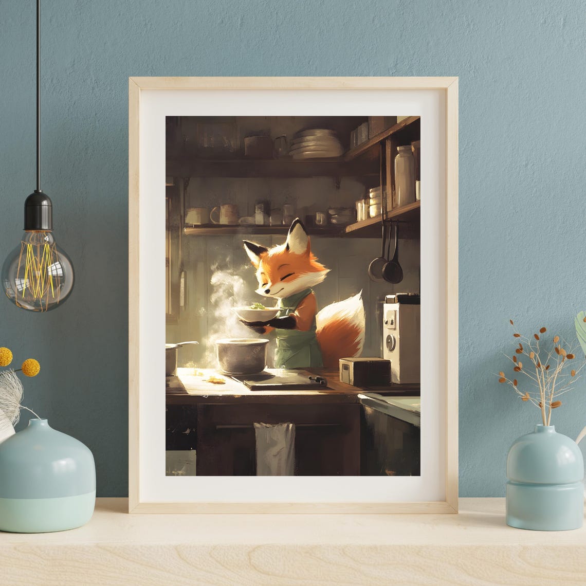 Red Fox Chef Tasting a Steaming Bowl in Cozy Dark Kitchen Poster - Image 4