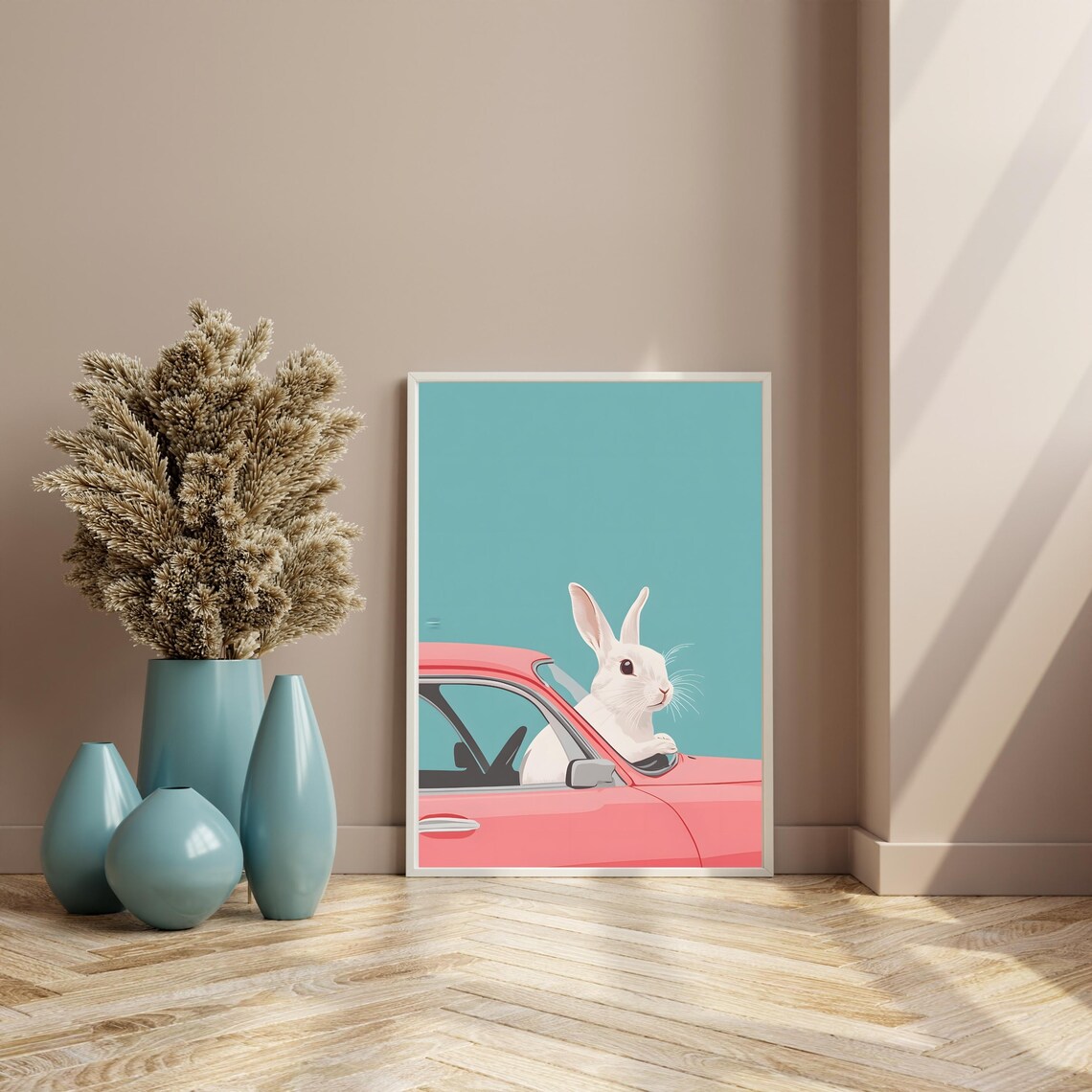 Rabbit Driving Retro Pink Car Cute Funny Animal Nursery Art Poster - Image 4