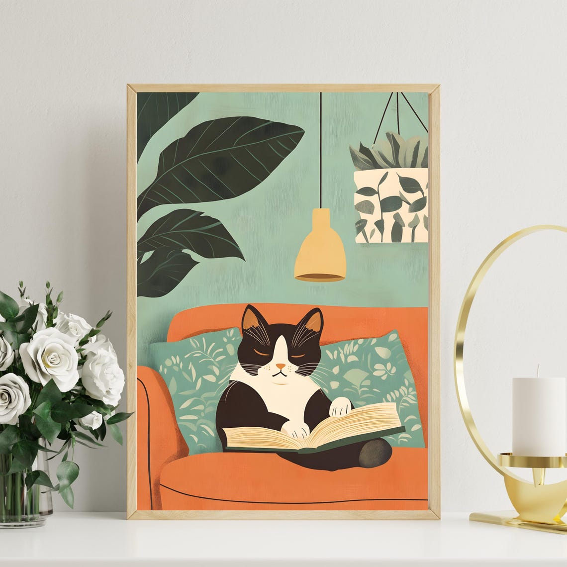Cat Reading Book on Orange Couch Cozy Home Animal Nursery Art Poster - Image 2