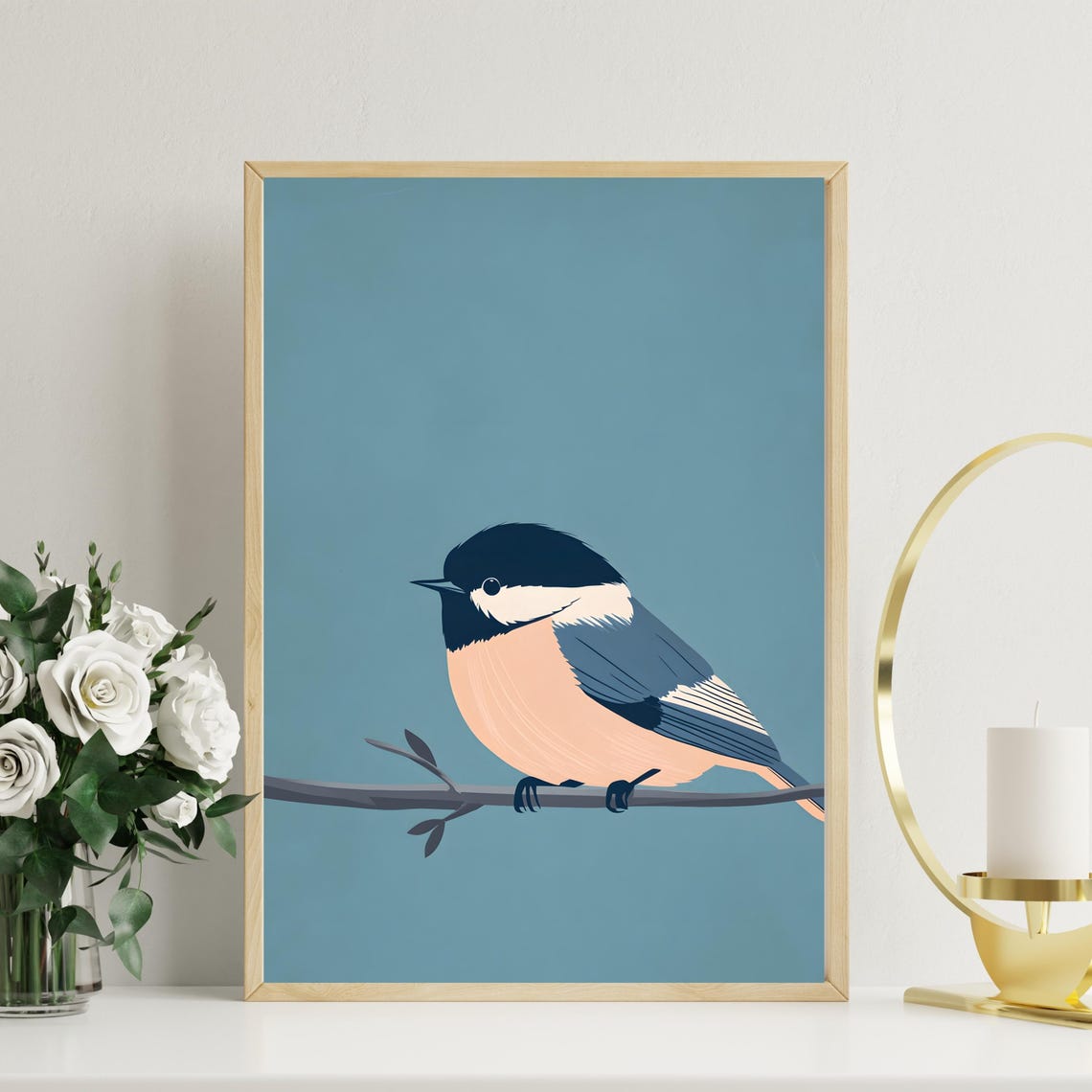 Minimalist Chickadee Perched on a Branch Dusty Blue Bird Poster - Image 7