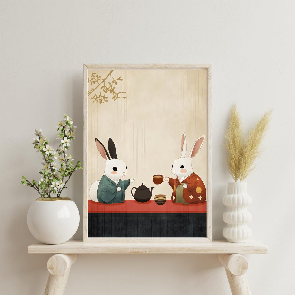 Two Rabbits In Kimono Sharing Tea Japanese Style Cute Animal Poster - Image 3