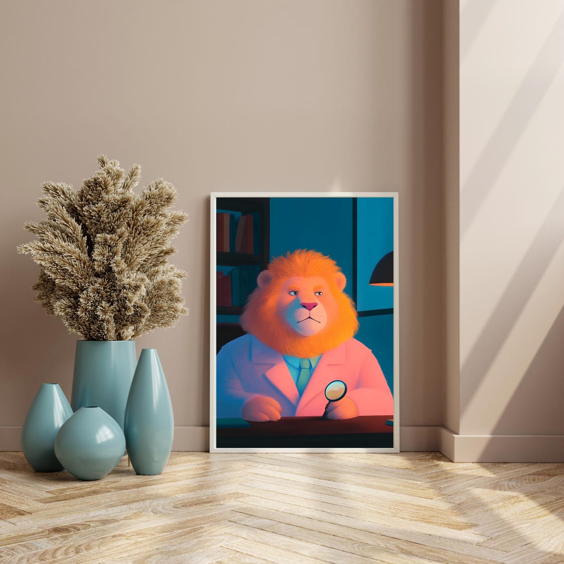 Scholarly Lion in Lab Coat with Magnifying Glass at Desk Poster - Image 4