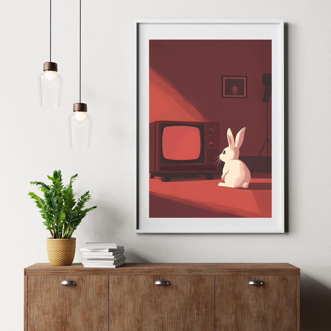 Retro Bunny Watching Vintage TV Red Room Minimalist Animal Art Poster - Image 6