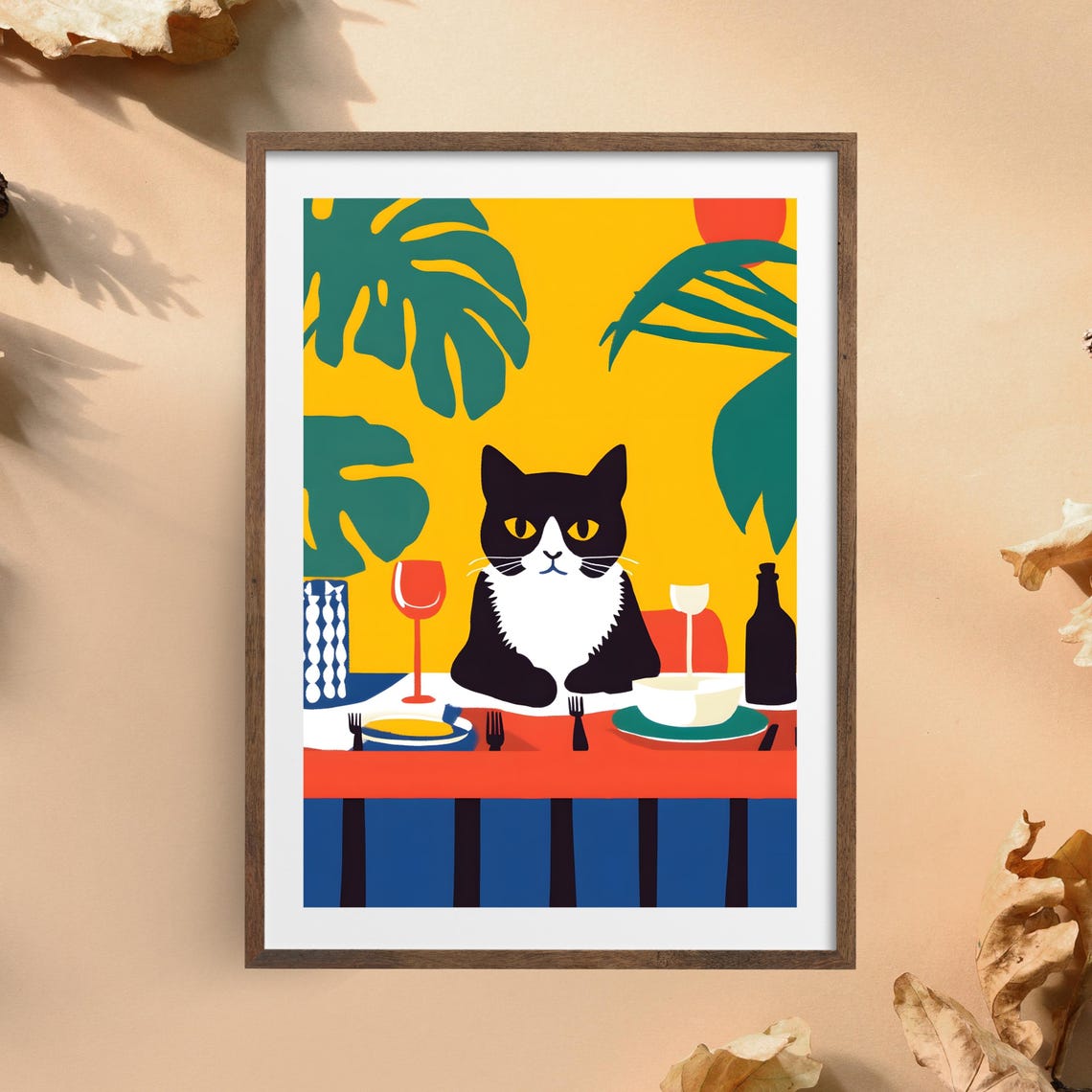Black and White Cat at a Vibrant Tropical Dinner Party Table Poster