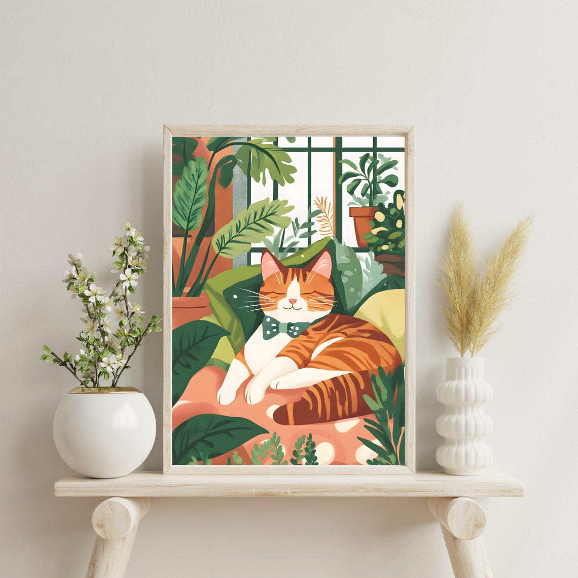 Ginger Tabby Cat Napping In A Bow Tie Among Lush Houseplants Poster - Image 3