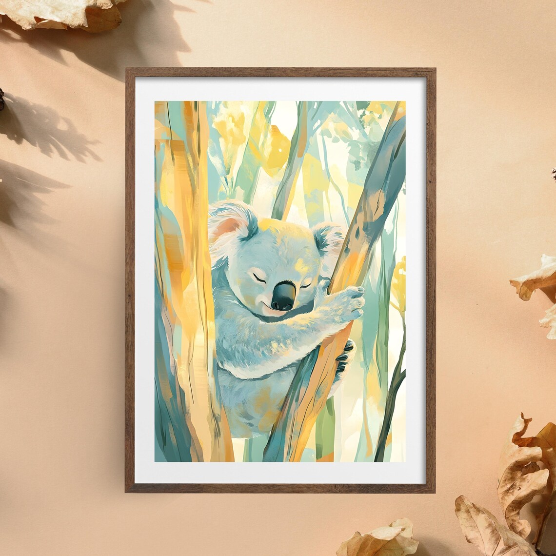 Sleepy Koala Hugging a Sunlit Eucalyptus Trunk in a Soft Painted Forest Poster - Image 4