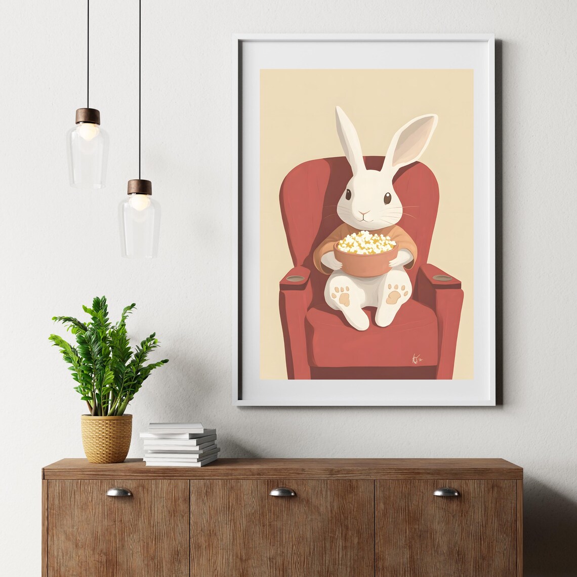 White Bunny Eating Popcorn in Red Armchair Movie Night Poster - Image 6