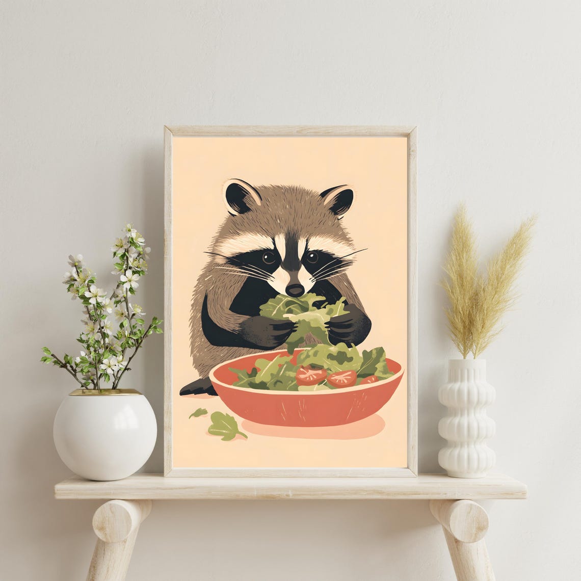 Cute Raccoon Enjoying a Fresh Green Salad Bowl with Tomatoes Poster - Image 3