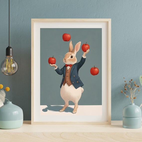 Whimsical Rabbit in a Blue Suit Juggling Four Red Apples Poster
