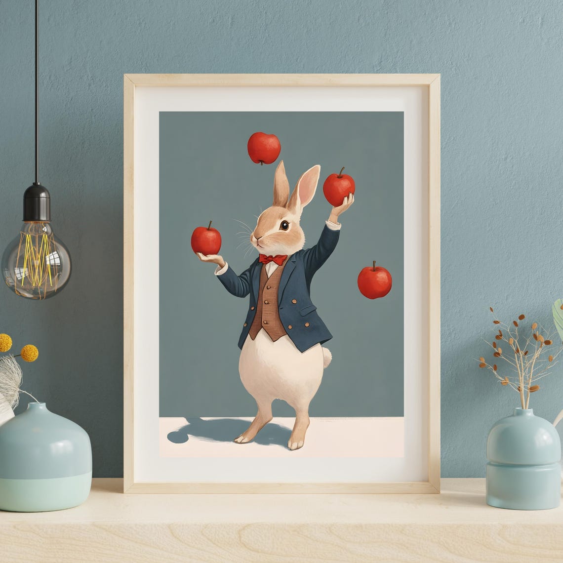 Whimsical Rabbit in a Blue Suit Juggling Four Red Apples Poster