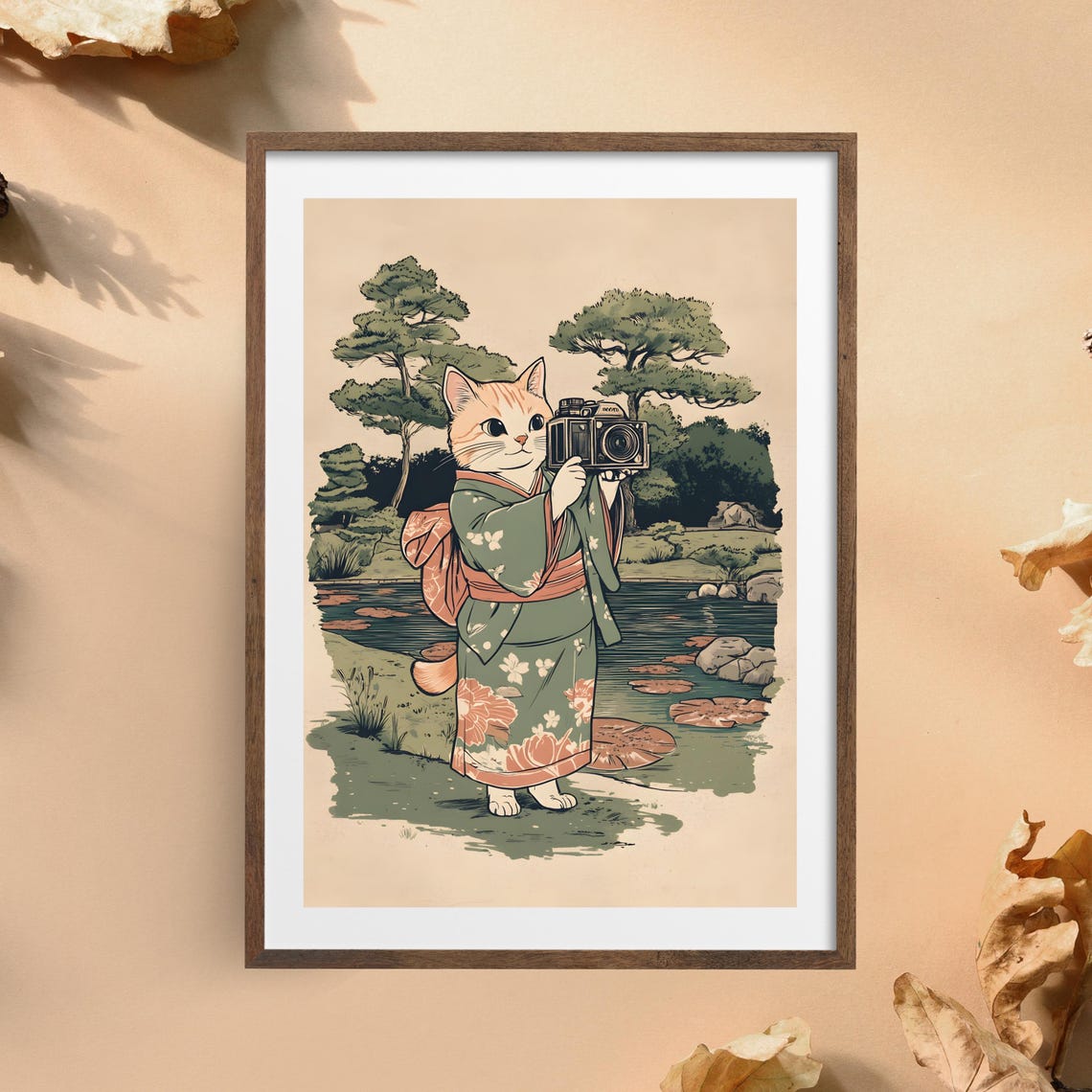 Ginger Cat Photographer in Kimono Holding Vintage Camera Poster