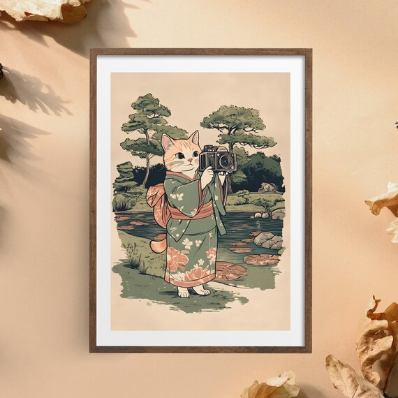 Ginger Cat Photographer in Kimono Holding Vintage Camera Poster