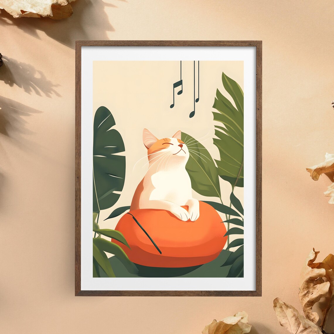 Happy White Cat on an Orange Pouf among Tropical Leaves Poster - Image 5