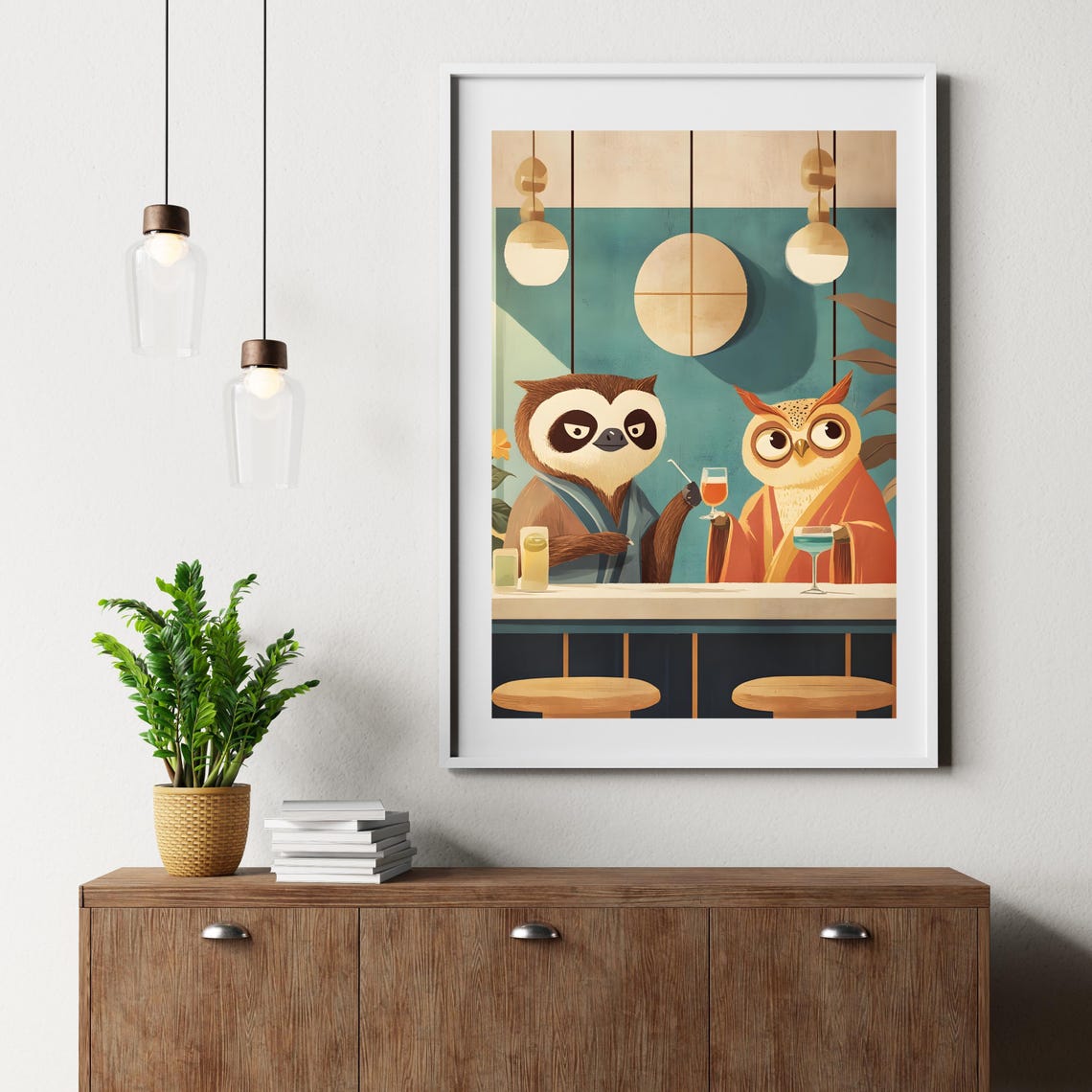 Owl and Sloth Drinking Cocktails at a Cozy Mid Century Bar Poster - Image 5