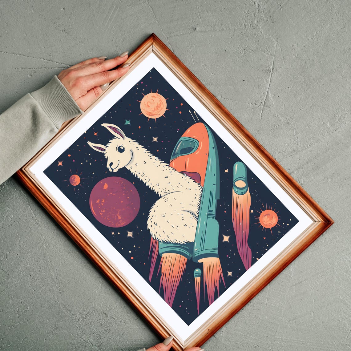 Cute Llama Riding a Retro Rocket Ship Through Starry Space Poster - Image 2