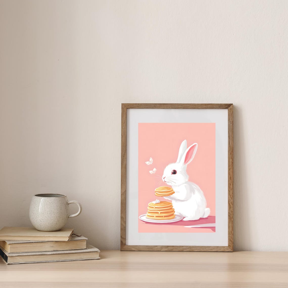 Cute White Rabbit Holding a Tall Stack of Pancakes with Butter Poster - Image 7