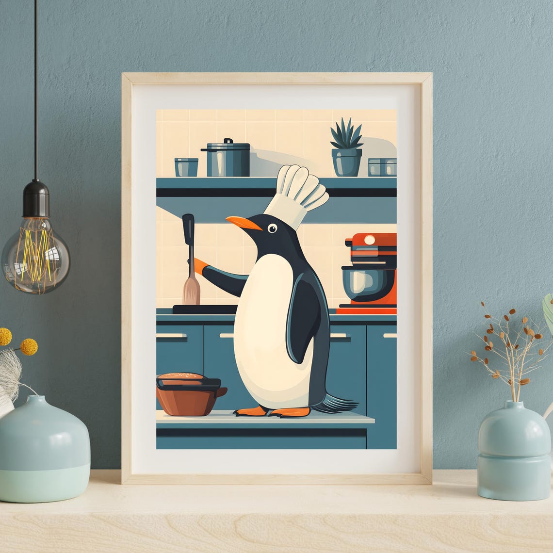 Penguin Chef With Spatula Cooking in a Retro Teal Kitchen Poster - Image 3