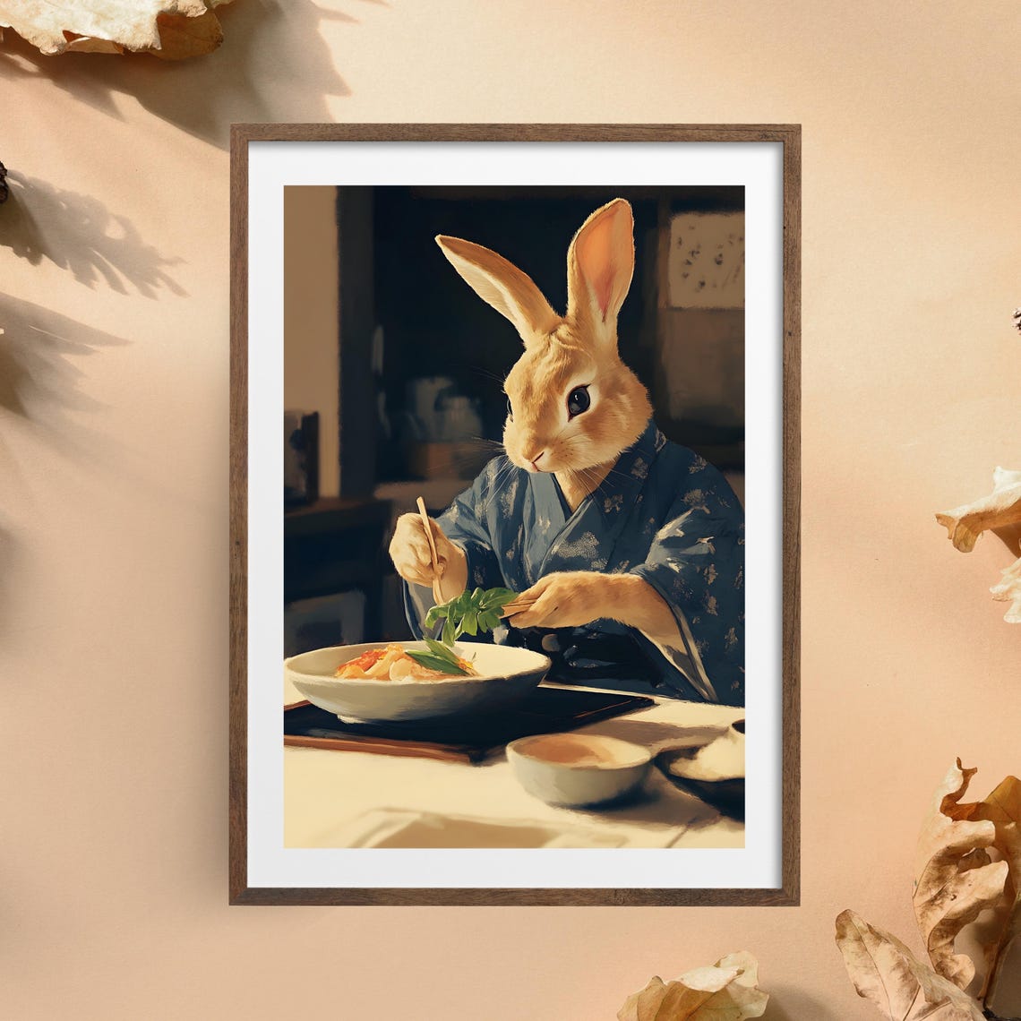 Gentle Tan Rabbit in Blue Kimono Eating with Chopsticks Poster - Image 4