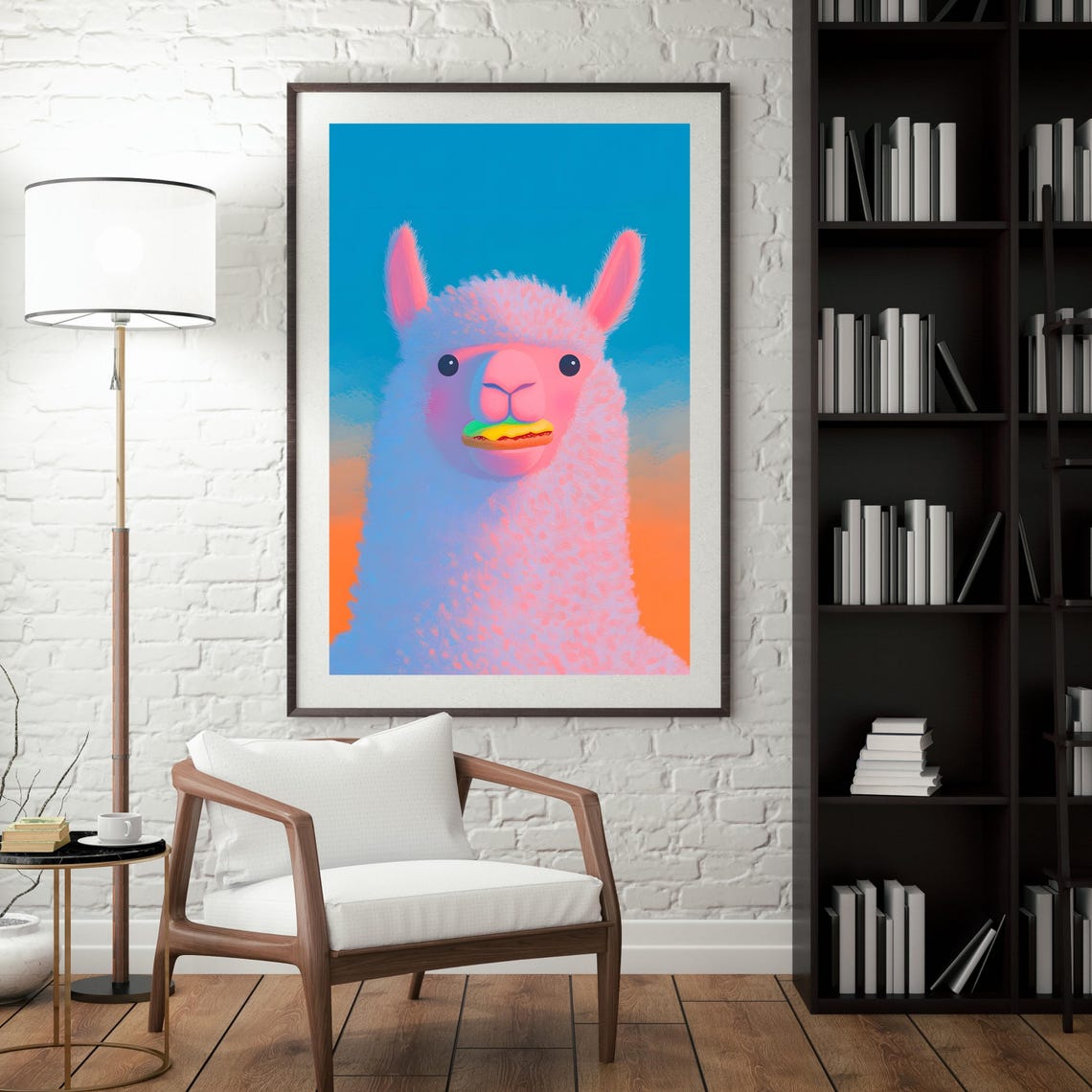 Playful Pink Llama Munching Burger on Sunset Gradient Poster - Image 4