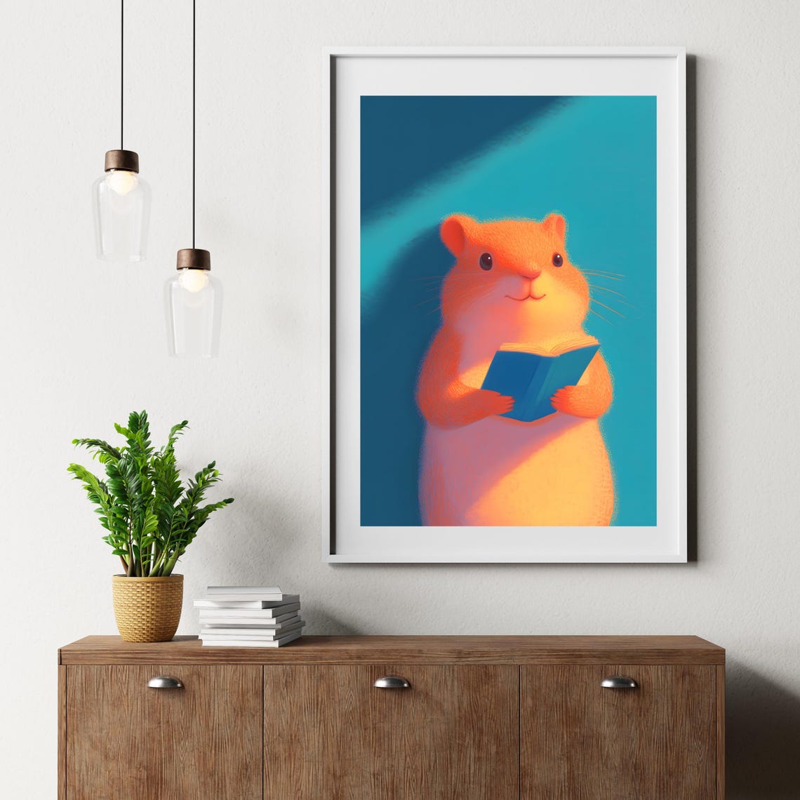Orange Hamster Reading Blue Book Under Spotlight Cute Pet Poster - Image 3