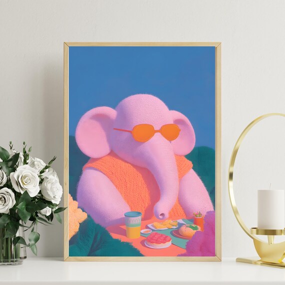 Pink Elephant In Orange Sunglasses At Breakfast Table Art Poster