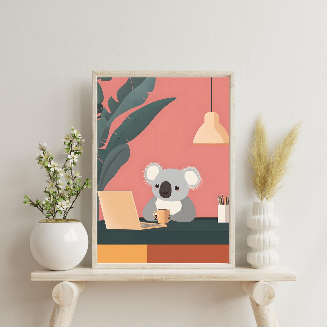 Cozy Koala Office Desk Laptop Coffee Minimalist Work Art Poster - Image 6