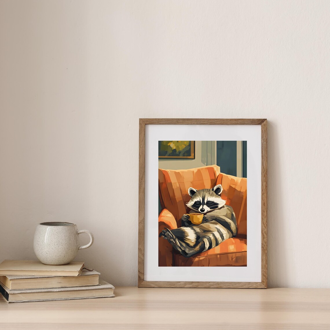 Relaxed Raccoon in an Orange Armchair Holding a Warm Mug Poster - Image 7