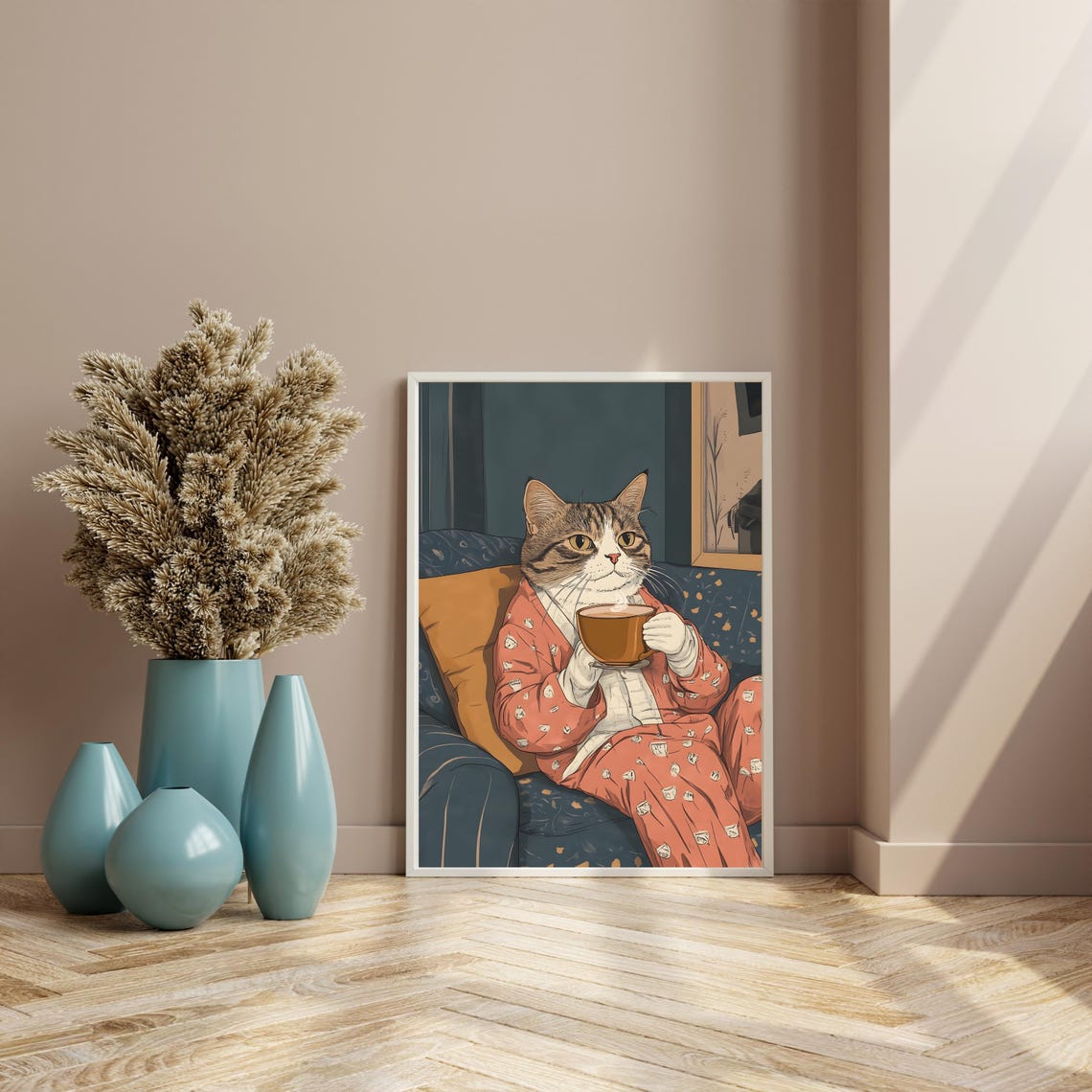 Cozy Tabby Cat in Pajamas Drinking Coffee on a Blue Sofa Poster - Image 8