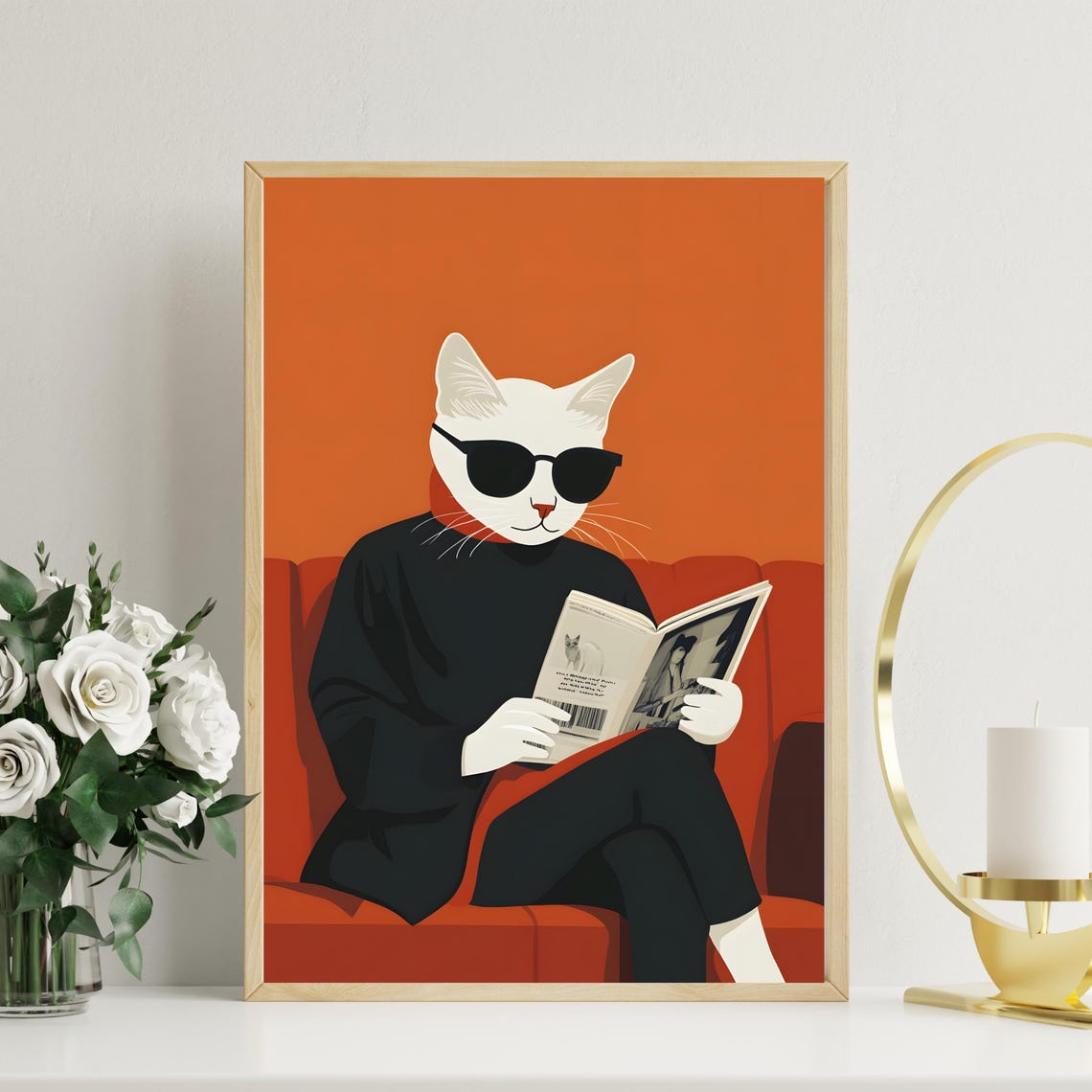 White Cat in Sunglasses Reading Newspaper on Red Sofa Poster - Image 2