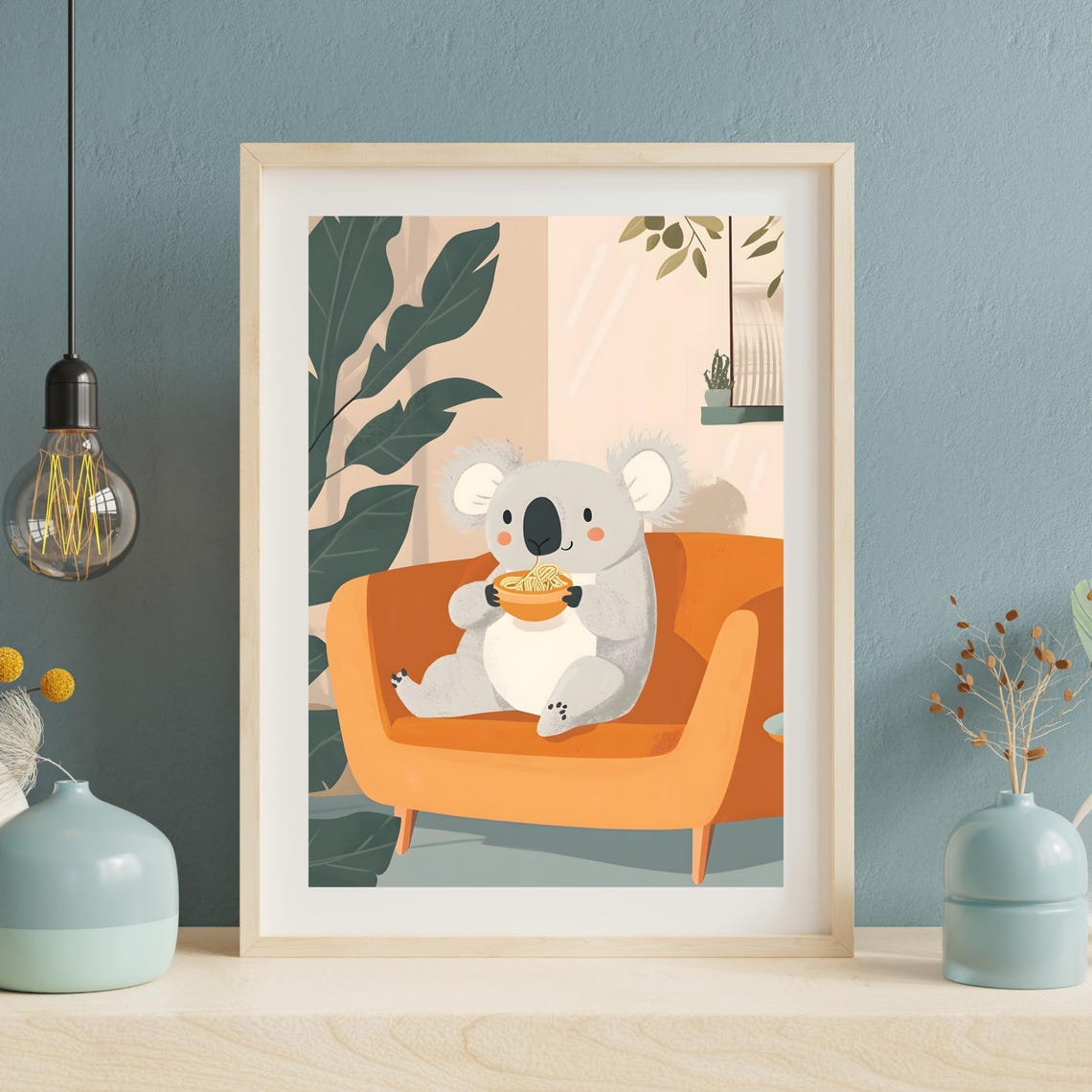 Cute Koala Eating Noodles Orange Couch Cozy Nursery Art Poster - Image 3