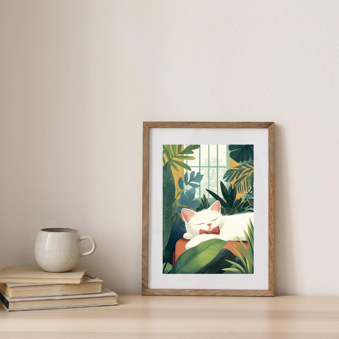 White Cat With Red Bow Tie Sleeping Among Tropical Plants Poster - Image 5