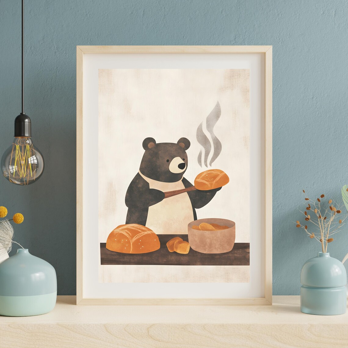 Jolly Black Bear Baker in a Cream Apron Presenting a Steaming Loaf Poster