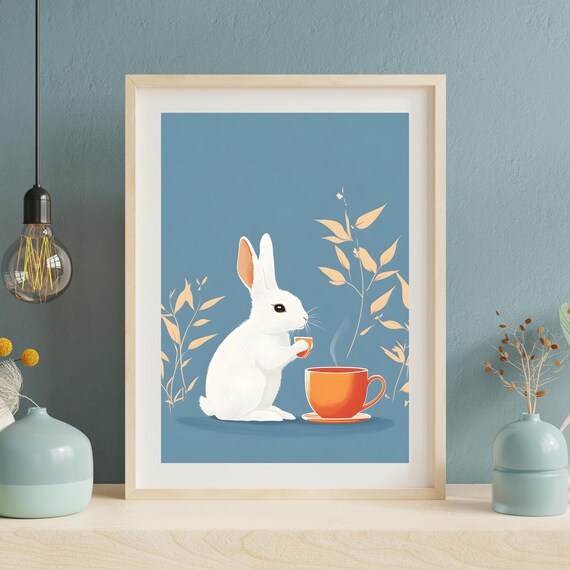 Adorable White Bunny Drinking Tea on a Dusty Blue Botanical Poster