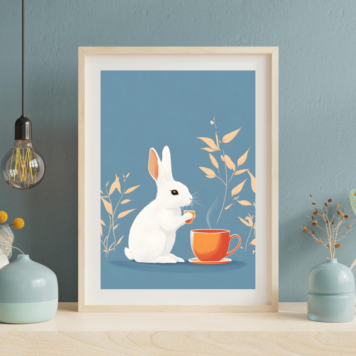 Adorable White Bunny Drinking Tea on a Dusty Blue Botanical Poster