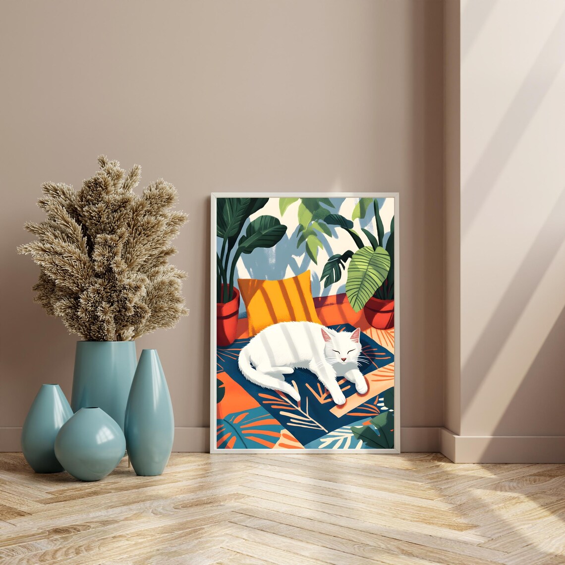 Sleeping White Cat Resting Peacefully Among Lush Tropical Plants Poster - Image 4