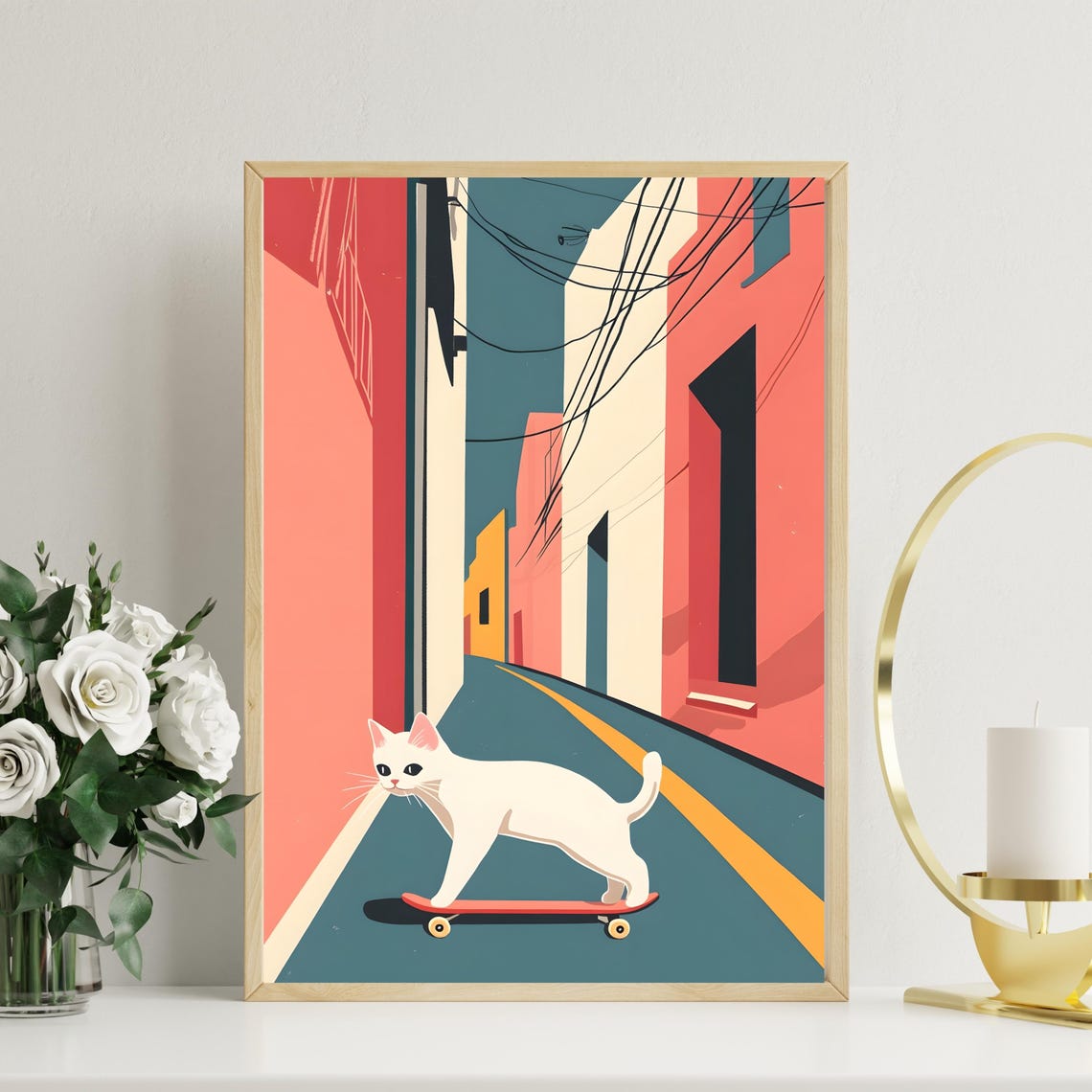 White Cat Skateboarding Down Colorful City Street Art Poster - Image 8