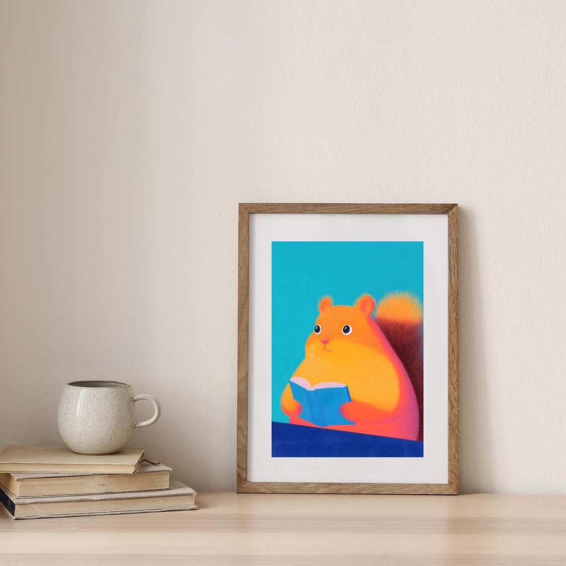 Chubby Orange Squirrel Reading Book On Turquoise Background Poster - Image 3